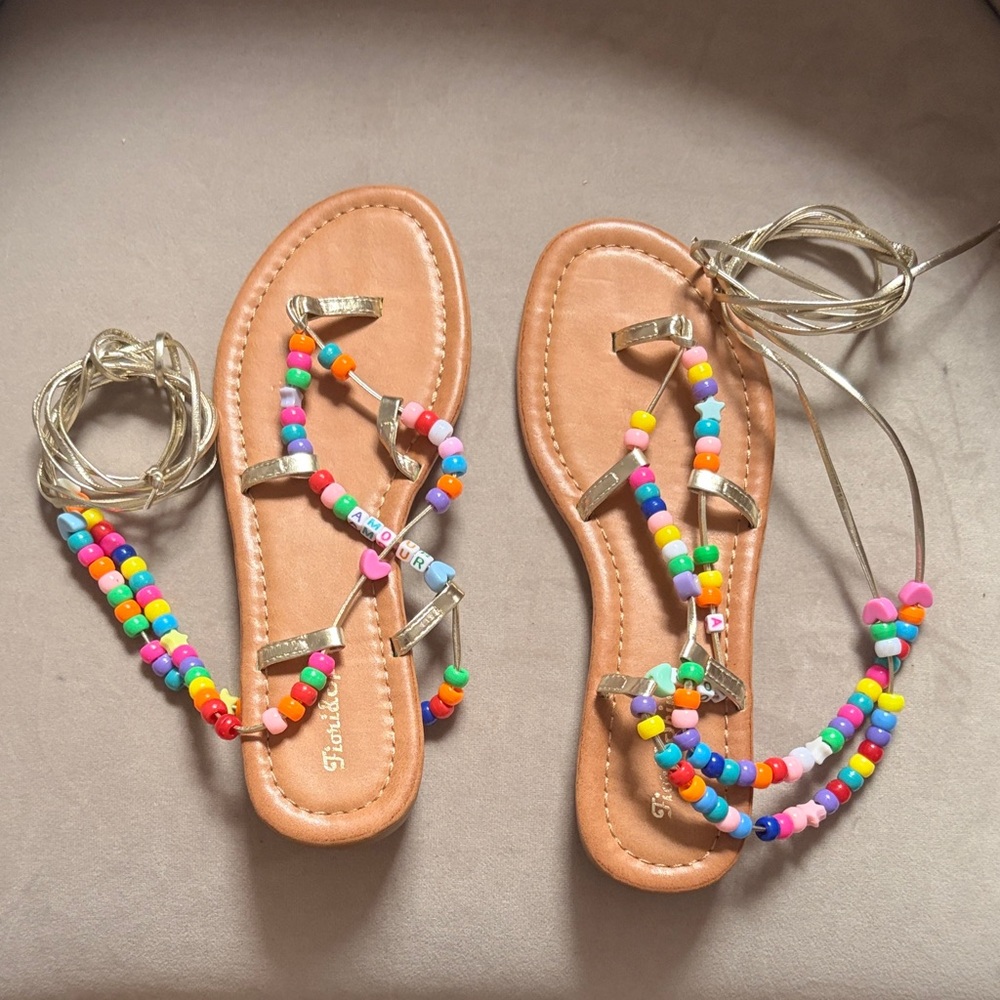 Fiore & Spine Multicolor Beaded Tan Leather Lace-Up Sandals